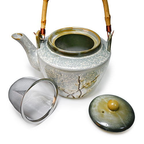 Cherry Blossom Ceramic Teapot with Bamboo Handle & Stainless Steel Strainer