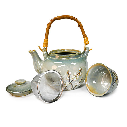 Cherry Blossom Ceramic Teapot & Teacup Set with Bamboo Handle – 1 Teapot + 4 Cups