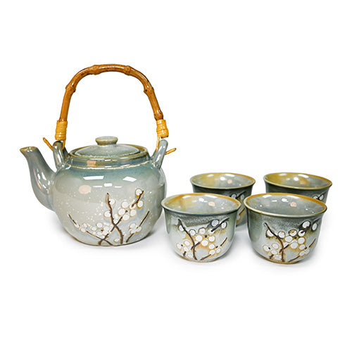 Cherry Blossom Ceramic Teapot & Teacup Set with Bamboo Handle – 1 Teapot + 4 Cups
