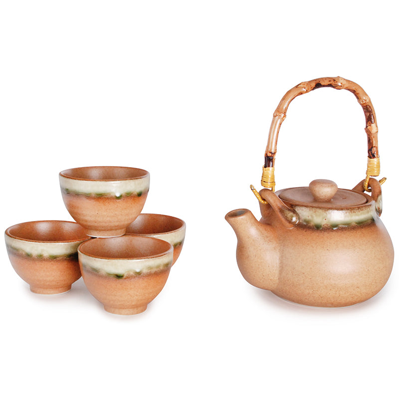 Salmon Clay Tea Set with Bamboo Handle - 4 cups