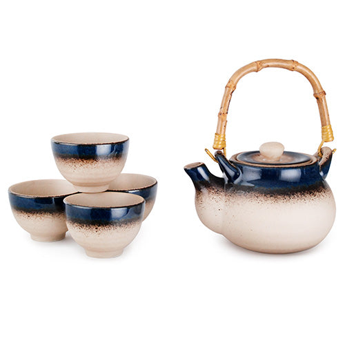 Rustic Ceramic Tea Set with Bamboo Handle - 1 Teapot & 4 Cups