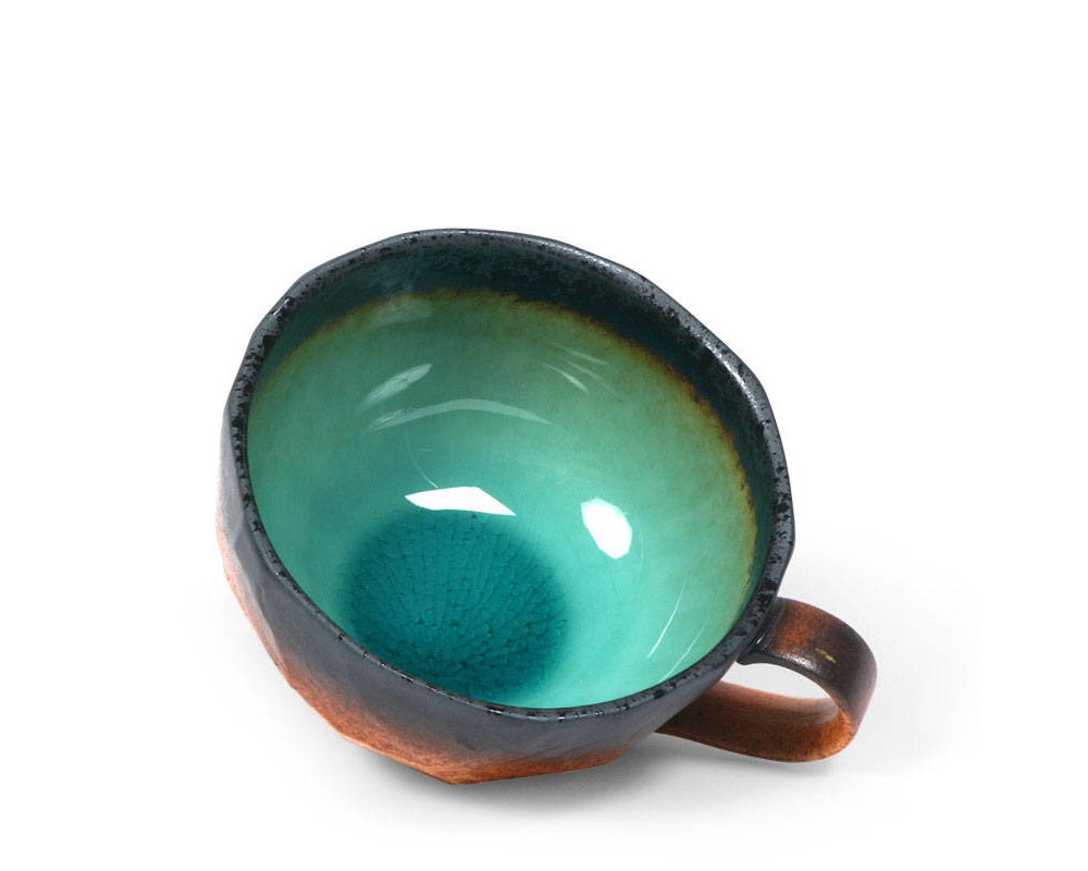 Wide stoneware cup with cobalt blue or green interior - Good Life Tea