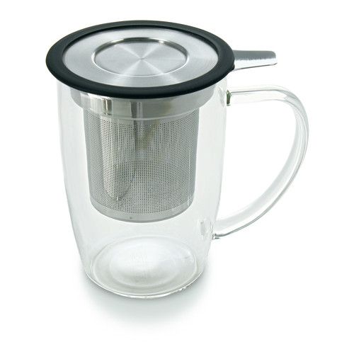 Glass Tea Mug with Stainless Steel Infuser Strainer Lid in Various Colors