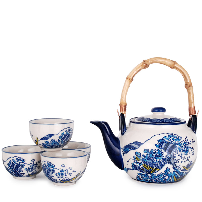 Wave Tea Set 25 oz Teapot w/strainer & Bamboo Handle 4 cups