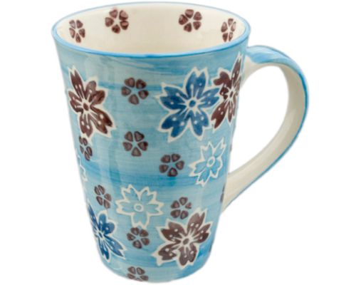 Tall Mug with Purple and Blue Cherry Blossoms with Blue Handle - Good Life Tea